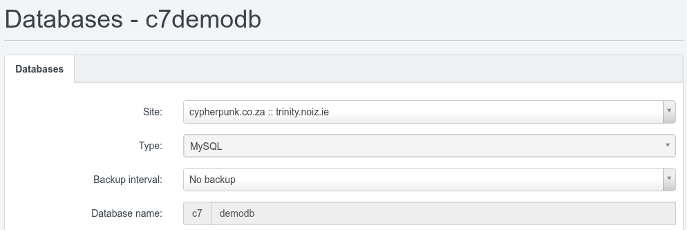 The Backup interval drop-down on the ISPConfig database form, alongside the database name and site fields