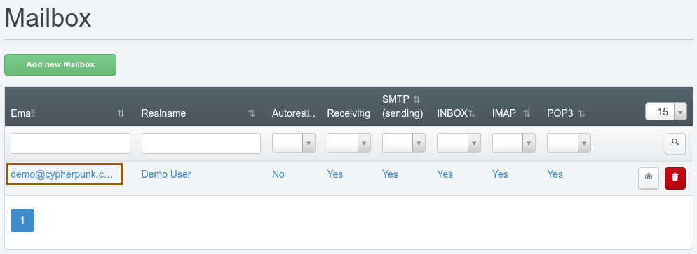 The ISPConfig Email Mailbox list showing existing mailboxes for a domain, with one email address highlighted ready to be opened