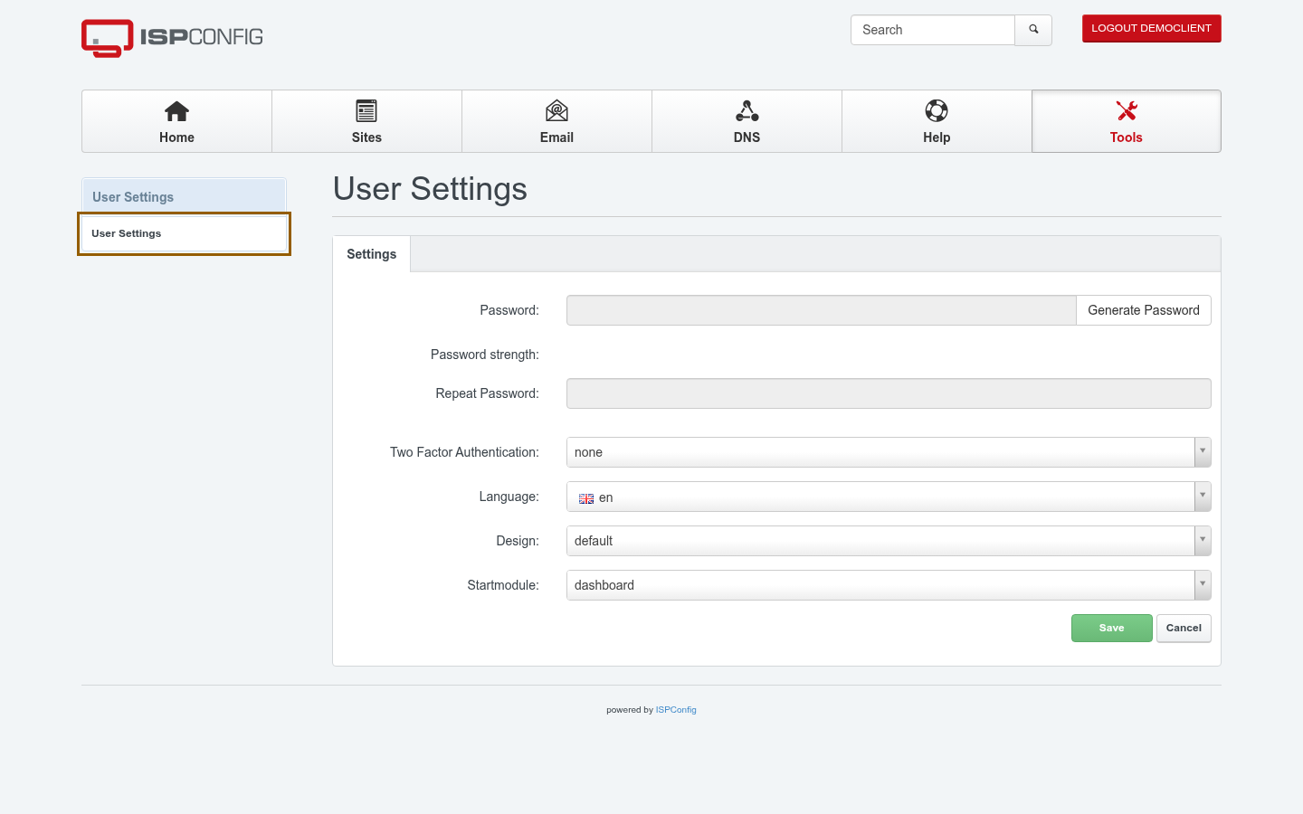 The ISPConfig Tools tab with the User Settings link highlighted in the left-hand menu