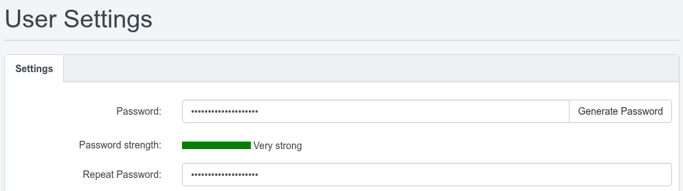 The ISPConfig User Settings form showing the Password, Password strength and Repeat Password fields with the Generate Password button