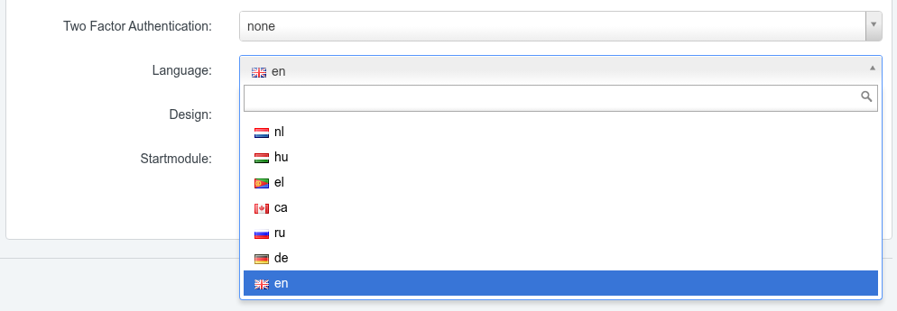 The Language drop-down list open on the ISPConfig User Settings form with the en option selected