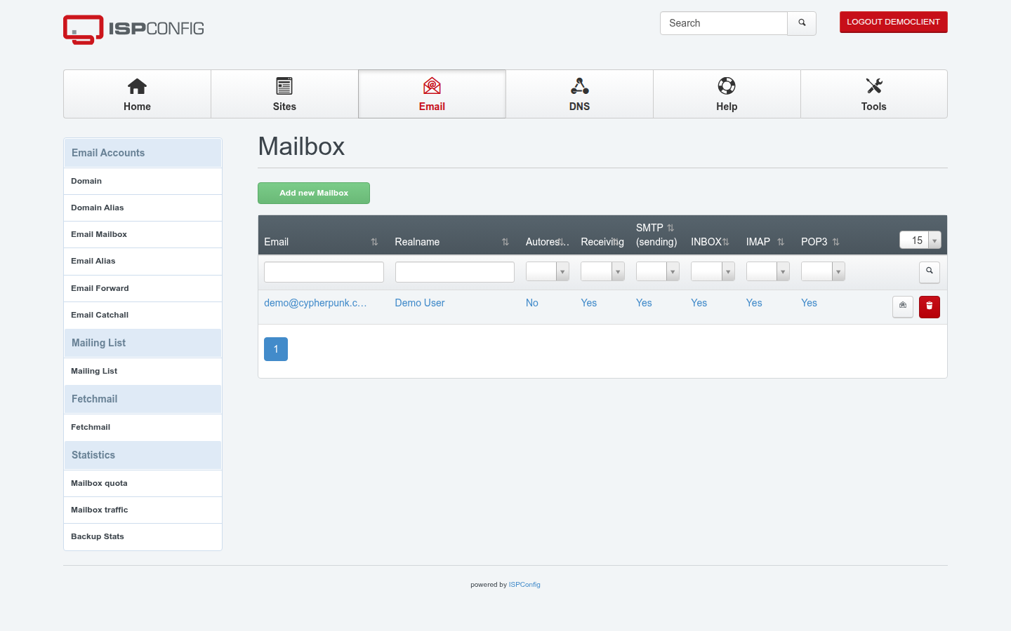 The Email Mailbox list in ISPConfig showing existing mailboxes under Email Accounts in the left-hand menu