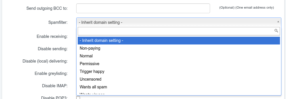 The Mailbox tab of an email mailbox in ISPConfig with the Spamfilter dropdown open showing the policy levels including Inherit domain setting, Normal, Trigger happy and Permissive