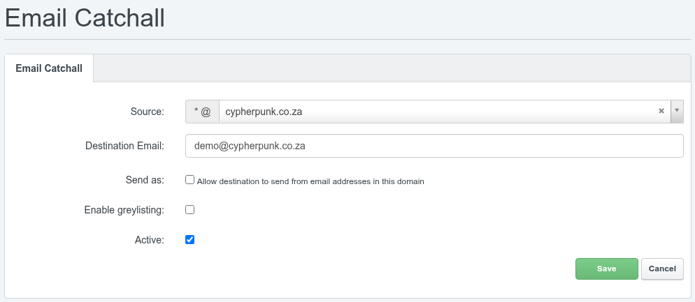 The Email Catchall form in ISPConfig with the Source domain drop-down, Destination Email field, and the Send as, Enable greylisting and Active checkboxes