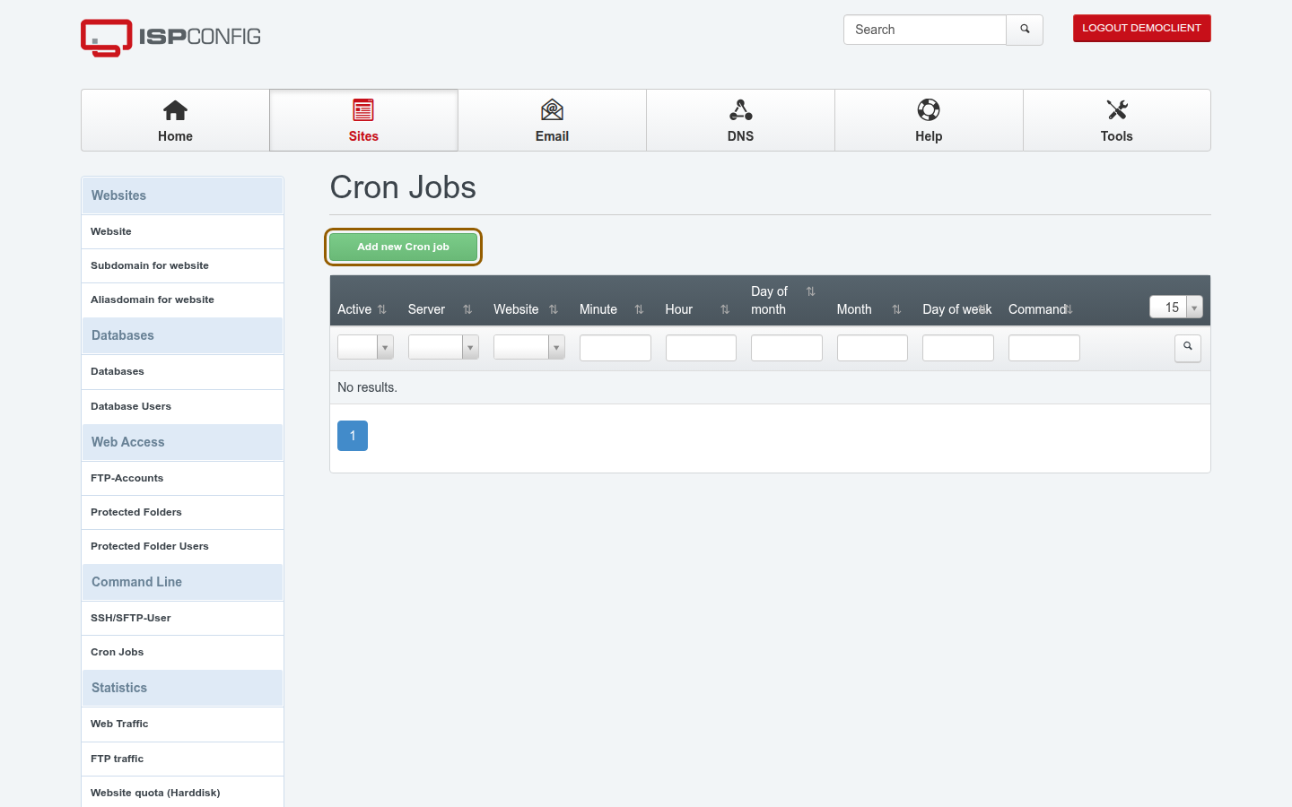 ISPConfig Sites module showing the Cron Jobs list under Command Line and the Add new Cron job button