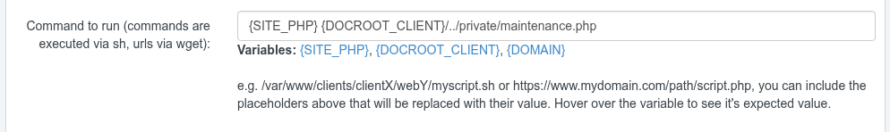 The Command to run field on the ISPConfig Cron Job form with the Variables row showing SITE_PHP, DOCROOT_CLIENT and DOMAIN placeholders