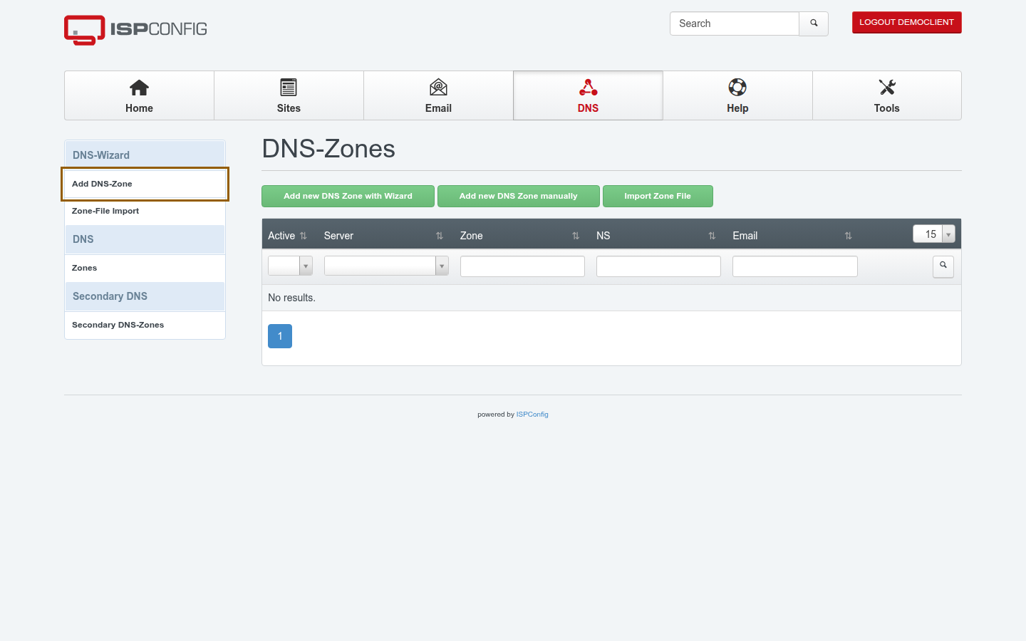 The ISPConfig DNS module with the DNS-Wizard section expanded in the left-hand menu and Add DNS-Zone highlighted
