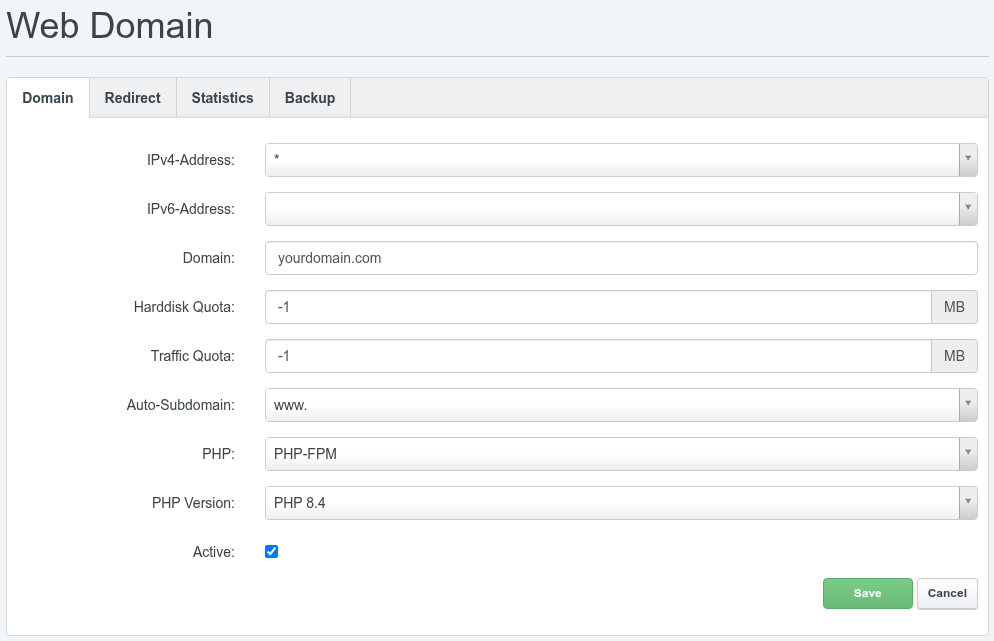ISPConfig Web Domain form on the Domain tab with example values filled in for a new website