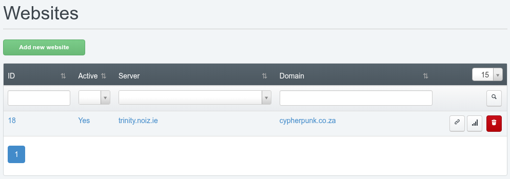 ISPConfig website list showing the newly created website with its domain and active status