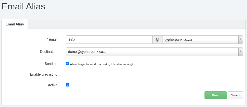 The Email Alias form in ISPConfig with the Alias field, Domain drop-down, Destination drop-down, and the Send as, Enable greylisting and Active checkboxes