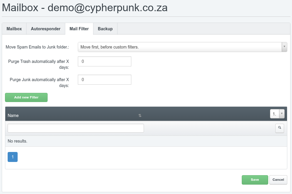 The Mail Filter tab of a mailbox in ISPConfig, showing the Move Spam Emails to Junk folder drop-down, the Purge Trash and Purge Junk fields, the list of existing filter rules and the Add new Filter button