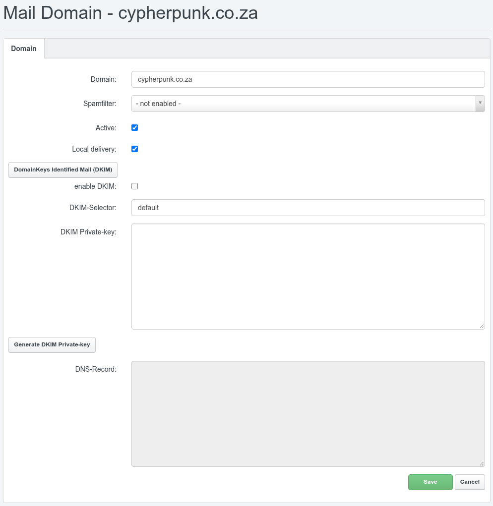 The ISPConfig mail domain form with the DomainKeys Identified Mail (DKIM) section expanded, showing the enable DKIM checkbox and DKIM-Selector field