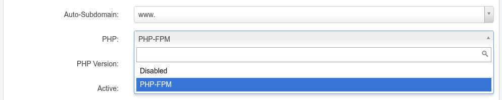 The PHP drop-down on a website’s Domain tab in ISPConfig, opened to show the modes this account offers: Disabled and PHP-FPM