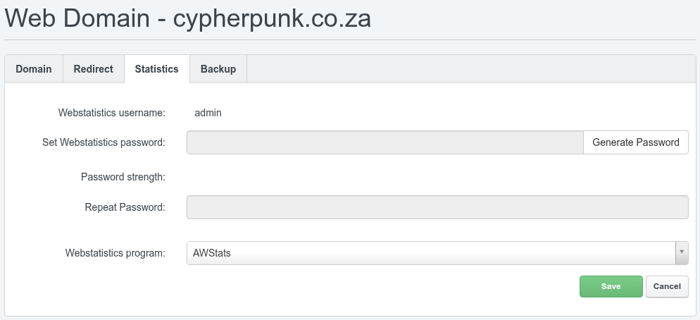 ISPConfig website form open on the Statistics tab showing the Webstatistics program drop-down and the Set Webstatistics password and Repeat Password fields