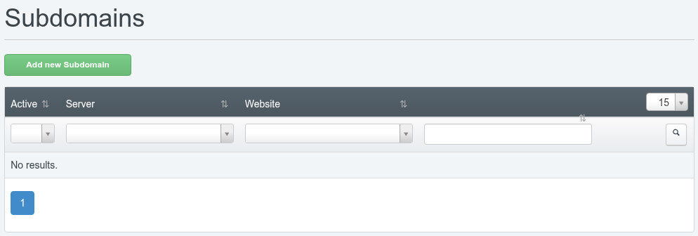 ISPConfig Sites module Subdomains list showing the filter row with the Website drop-down and the name search box
