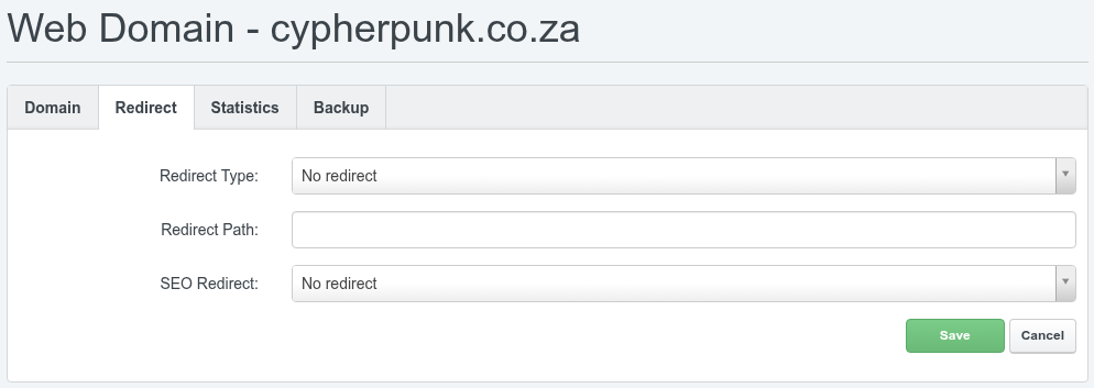 ISPConfig website form open on the Redirect tab showing the Redirect Type, Redirect Path and SEO Redirect fields