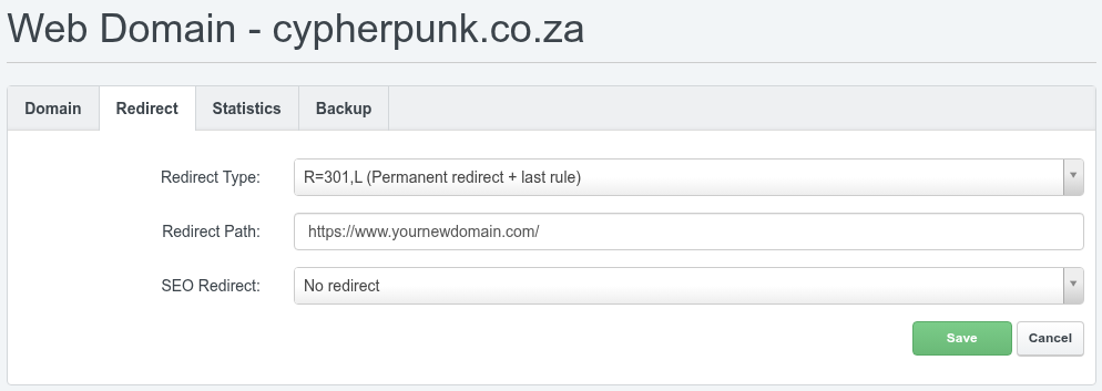 Redirect tab with Redirect Type set to R=301,L and a full target URL with trailing slash entered in the Redirect Path field