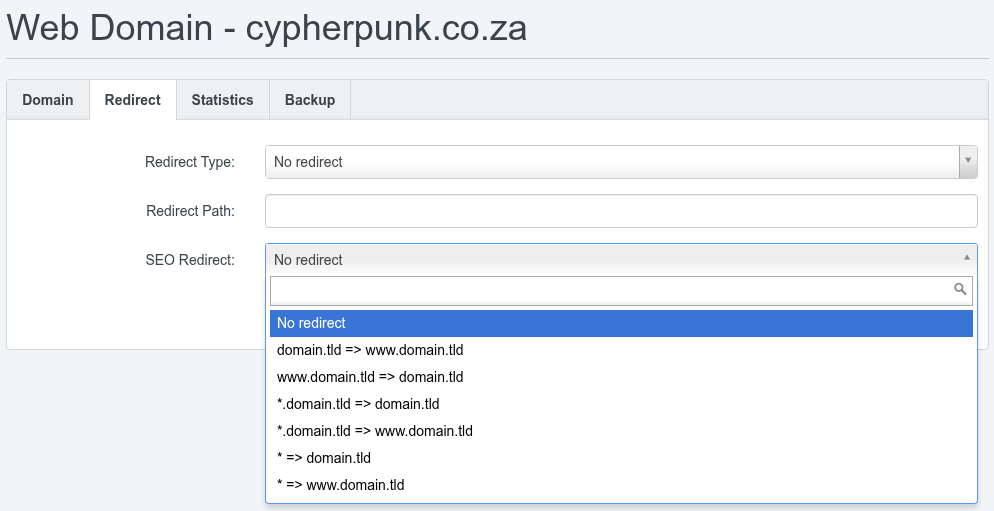 SEO Redirect drop-down on the ISPConfig Redirect tab expanded to show the www and non-www redirect options