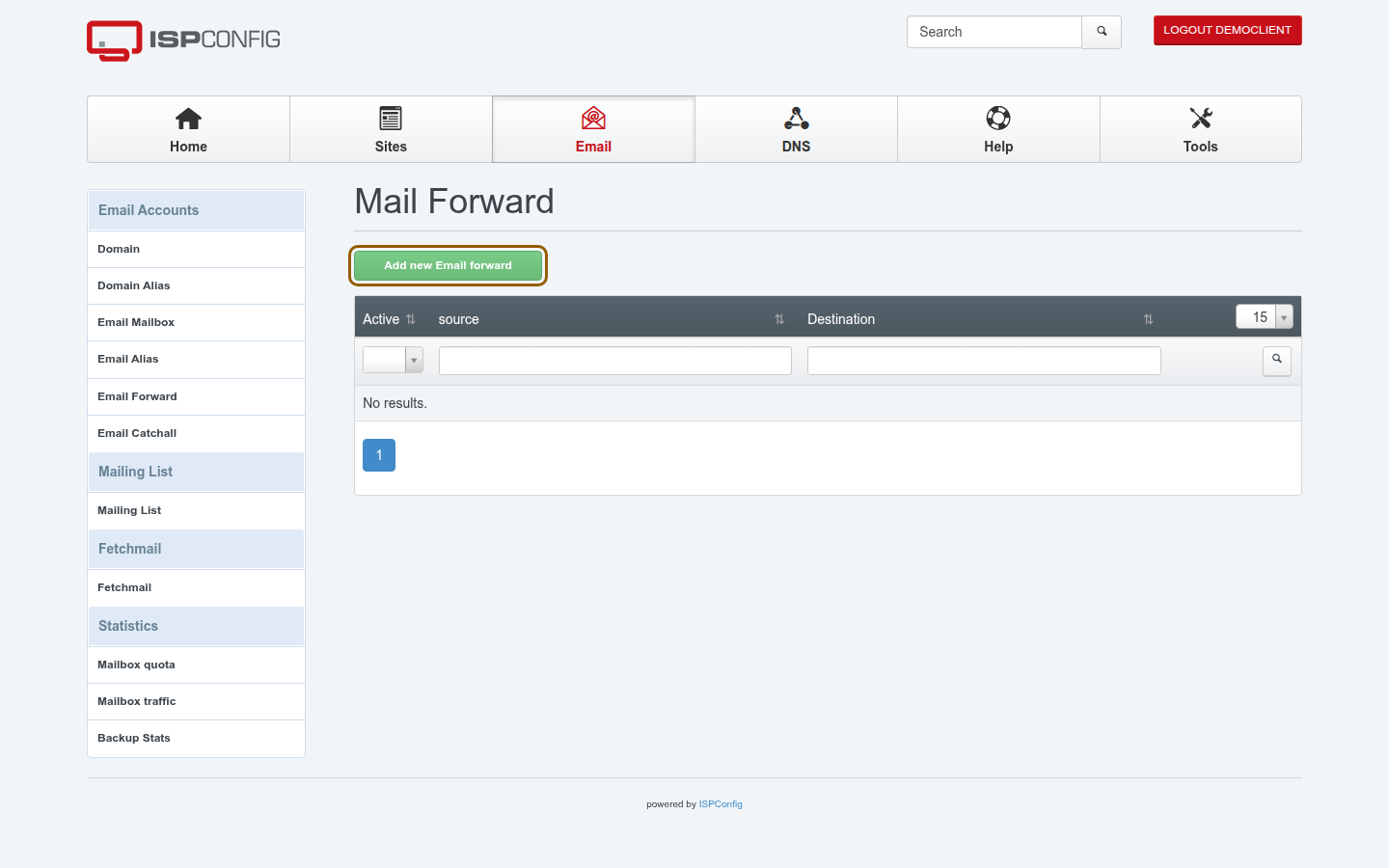 The Email Forward list in the ISPConfig Email module, showing the Add new Email forward button above existing forwards