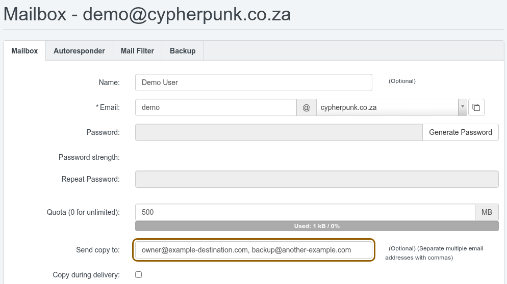 The Mailbox tab of an ISPConfig mailbox showing the Send copy to field used to forward copies of incoming mail