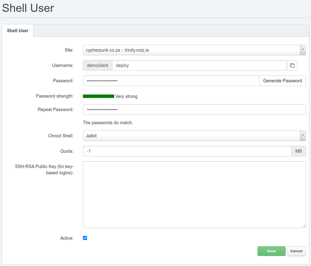 ISPConfig Shell User form showing the Site, Username, Password, Chroot Shell, Quota and SSH-RSA Public Key fields