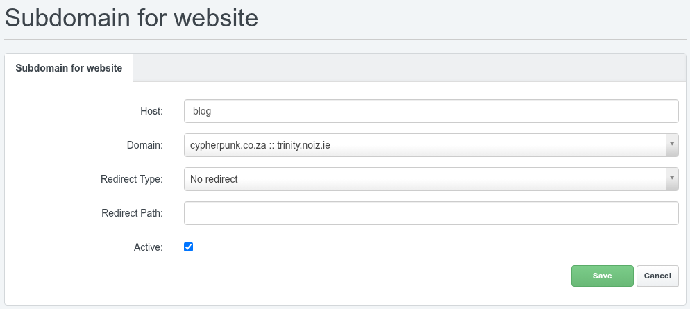 ISPConfig subdomain form with the Host, Domain, Redirect Type, Redirect Path and Active fields