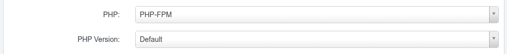 ISPConfig website Domain tab showing the PHP mode dropdown and the PHP Version dropdown used to pick the release for the site