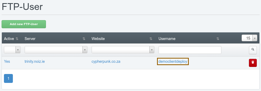 ISPConfig FTP-User list showing the newly created account with its full prefixed username in the Username column