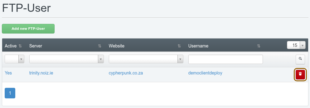 ISPConfig FTP-Accounts list under Sites and Web Access, headed FTP-User, with the delete icon at the right-hand end of an account row highlighted