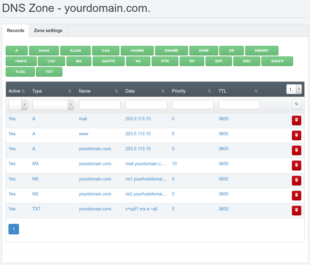 The Records tab of the new DNS zone showing the A, NS, MX and TXT records created by the DNS Wizard