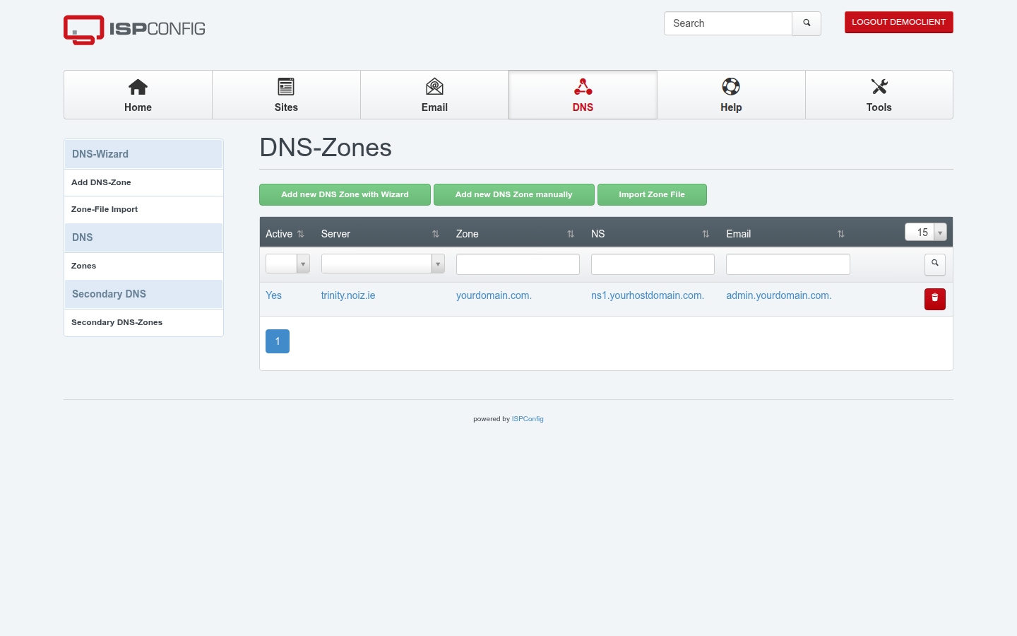 ISPConfig DNS module showing the Zones list with a domain zone name ending in a trailing dot