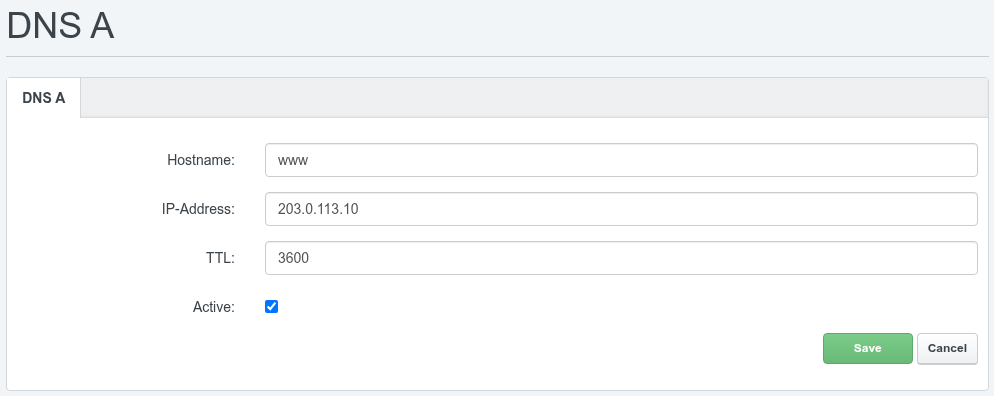 ISPConfig A record form with the Hostname, IP-Address, TTL and Active fields completed with example values
