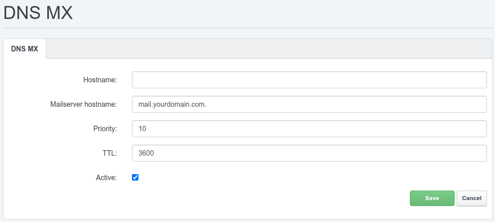 ISPConfig MX record form showing an empty Hostname field, a Mailserver hostname ending in a trailing dot and a Priority of 10