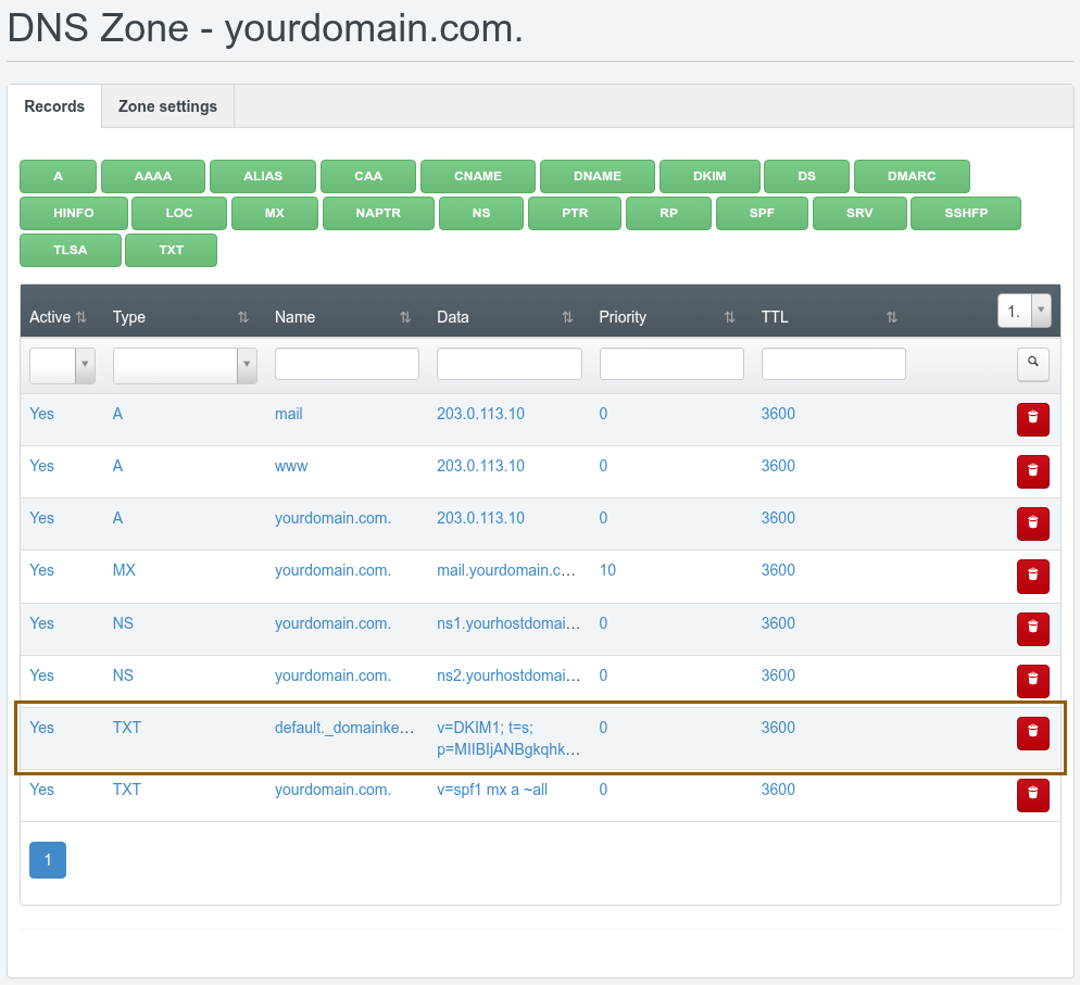The Records tab of a DNS zone in ISPConfig showing the default._domainkey TXT record containing the DKIM public key