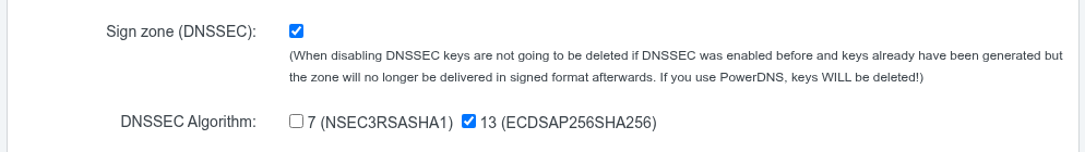 The Zone settings tab of a DNS zone in ISPConfig with the Sign zone (DNSSEC) checkbox ticked and DNSSEC Algorithm 13 (ECDSAP256SHA256) selected