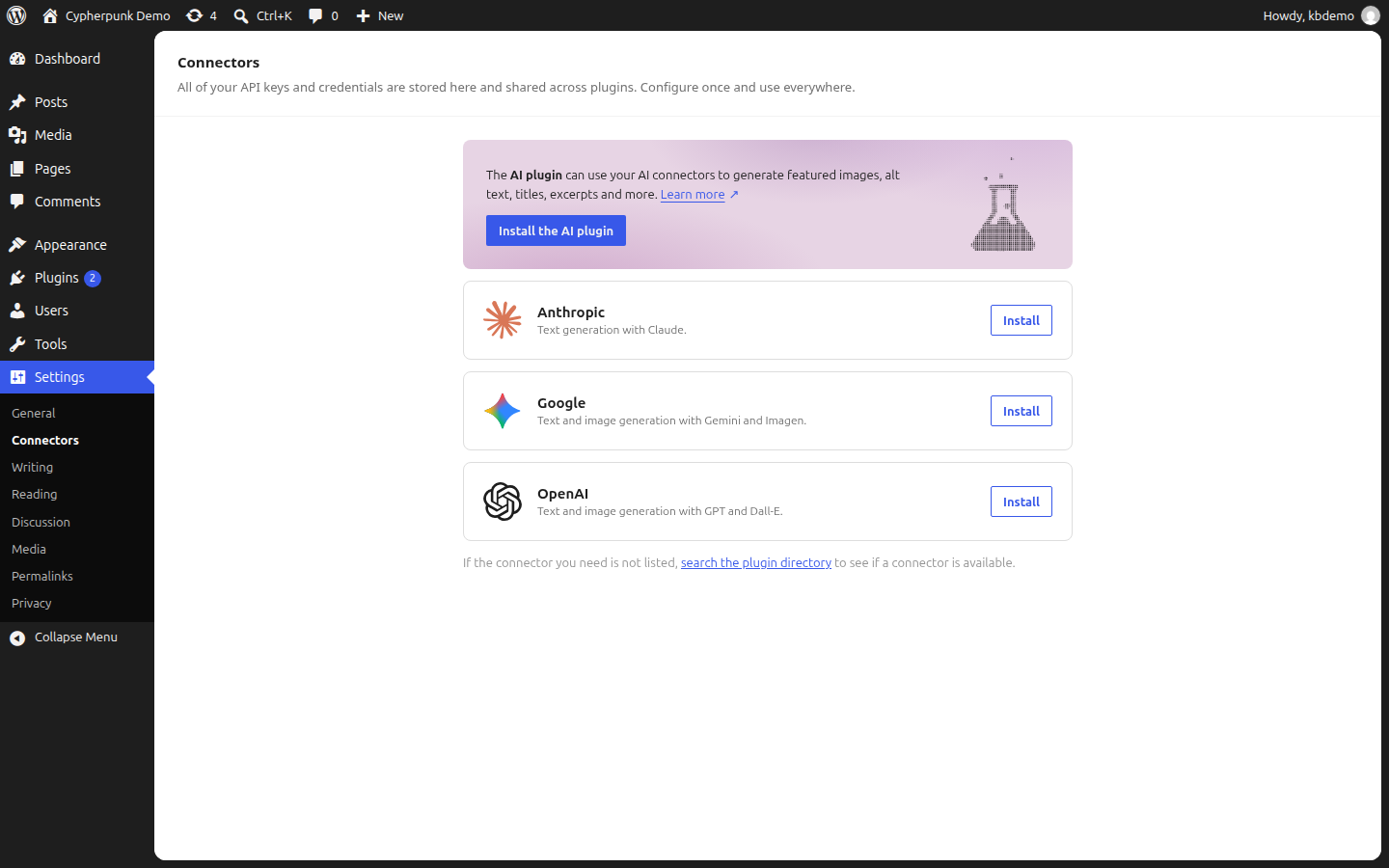 The WordPress Settings > Connectors screen listing Anthropic, Google and OpenAI connectors, each with an Install button, beneath a prompt to install the AI plugin
