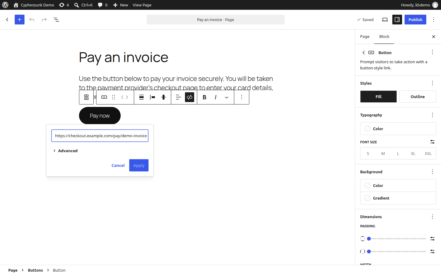 The WordPress block editor showing a Buttons block being edited, with a Pay now label and a hosted payment link pasted as the button’s link destination