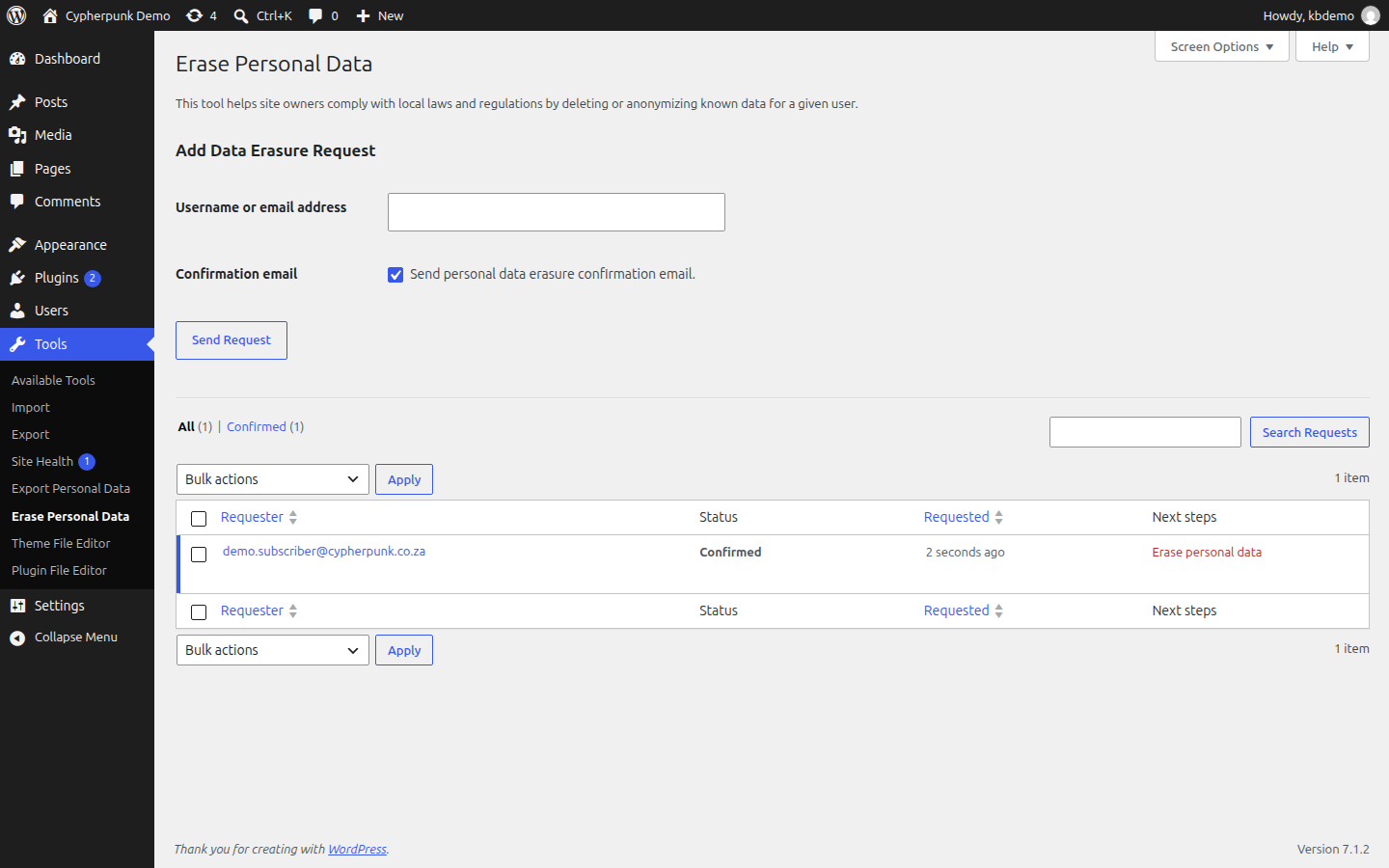The WordPress Tools Erase Personal Data screen showing a confirmed request with the Erase Personal Data button under the Next steps column