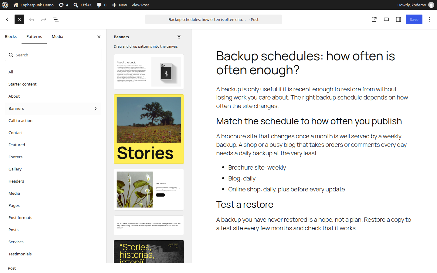 WordPress block inserter with the Patterns tab selected, showing thumbnail previews of layout patterns grouped by category