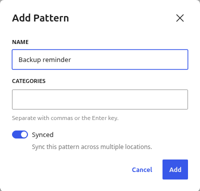 The Add Pattern dialog, opened from Create pattern in the block editor, with a name entered and the Synced toggle switched on