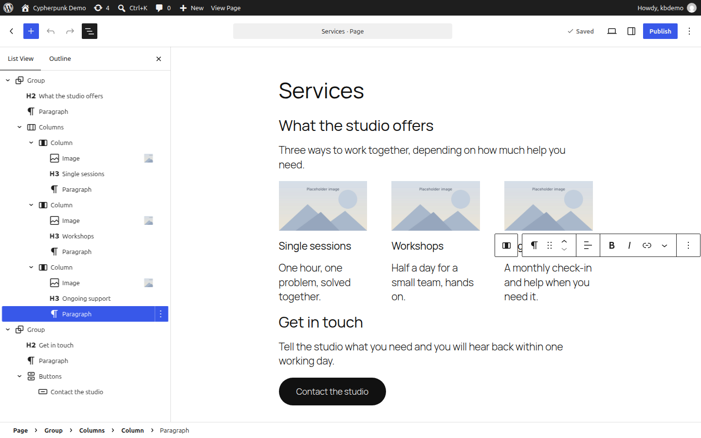 WordPress block editor List View panel open on the left showing a nested tree of blocks with groups expanded