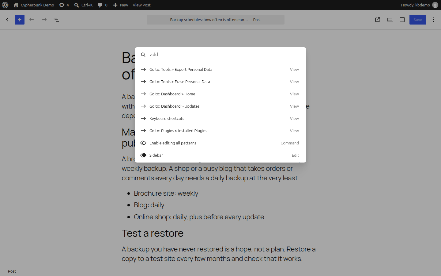 The WordPress command palette open over the editor with a search term typed and a list of matching commands below