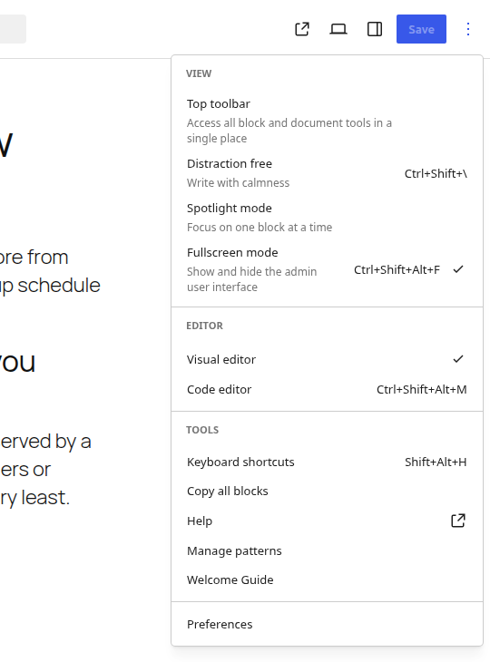 The Options menu in the WordPress block editor expanded to show the View section with Distraction free, Spotlight mode, Top toolbar and Fullscreen options