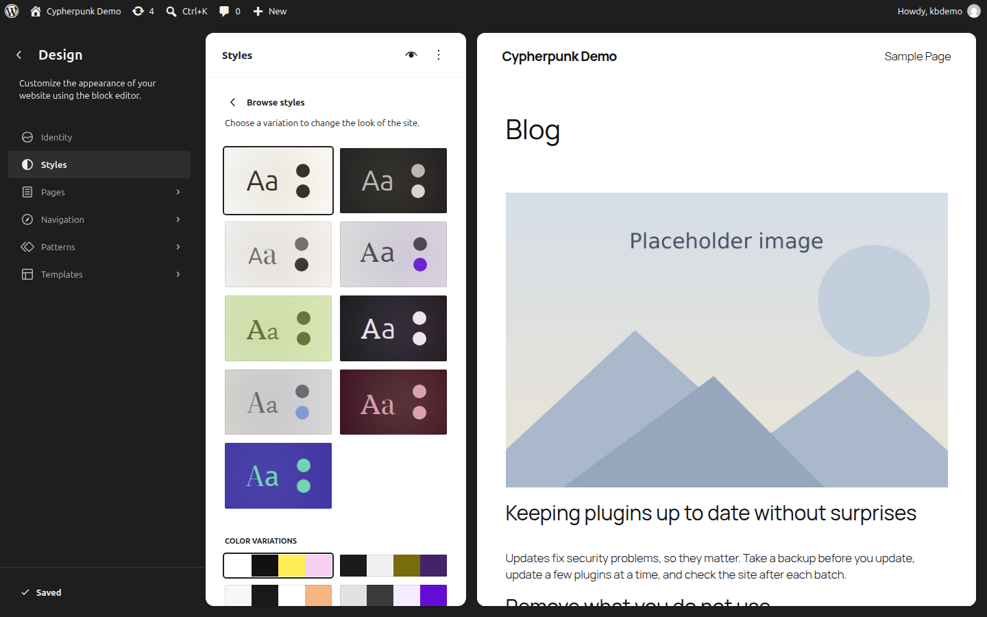 The Site Editor Styles panel open at Browse styles, showing the theme’s style variations and colour variations beside a live preview of the site