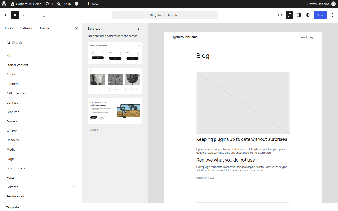 The block inserter open on the Patterns tab, showing thumbnail previews of prebuilt section layouts ready to insert