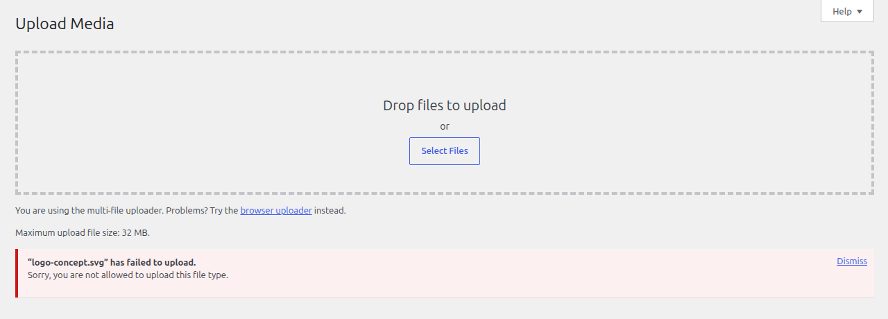 The WordPress Upload Media screen showing a failed upload with the red error message reading Sorry, you are not allowed to upload this file type