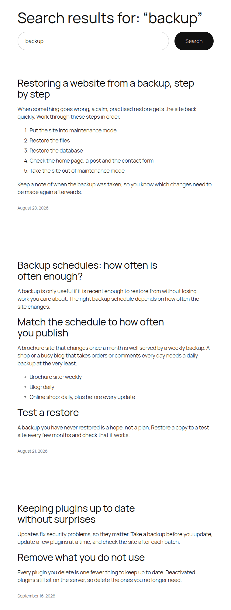 A default WordPress search results page for the word backup, listing the two posts with backup in the title first and the post that mentions it only in the body last