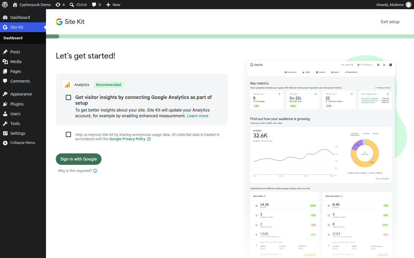 Site Kit by Google setup screen in the WordPress dashboard prompting the user to connect Google Analytics