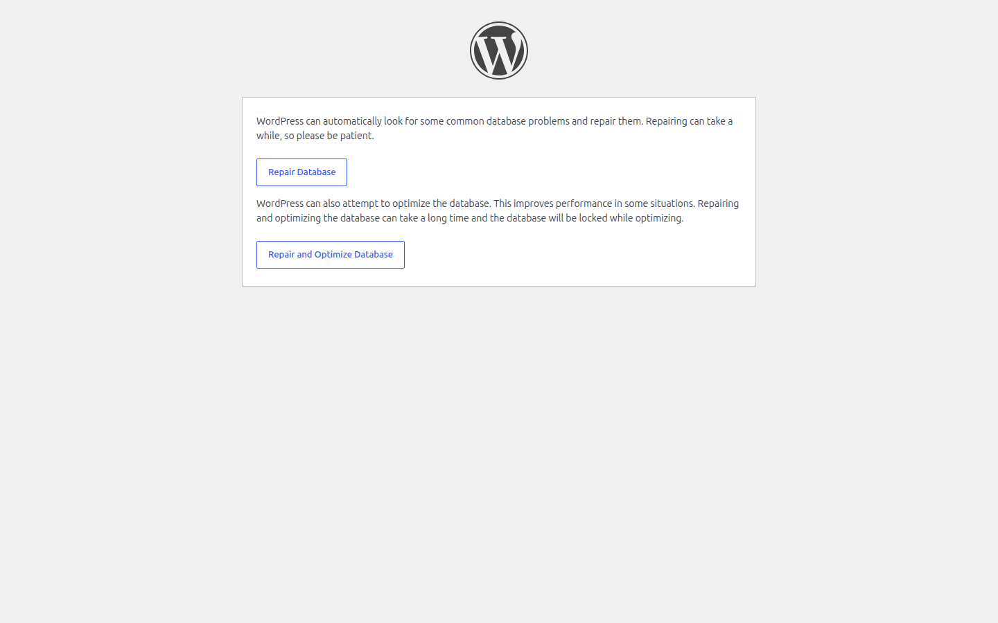 The WordPress database repair page at wp-admin/maint/repair.php showing the Repair Database and Repair and Optimize Database buttons