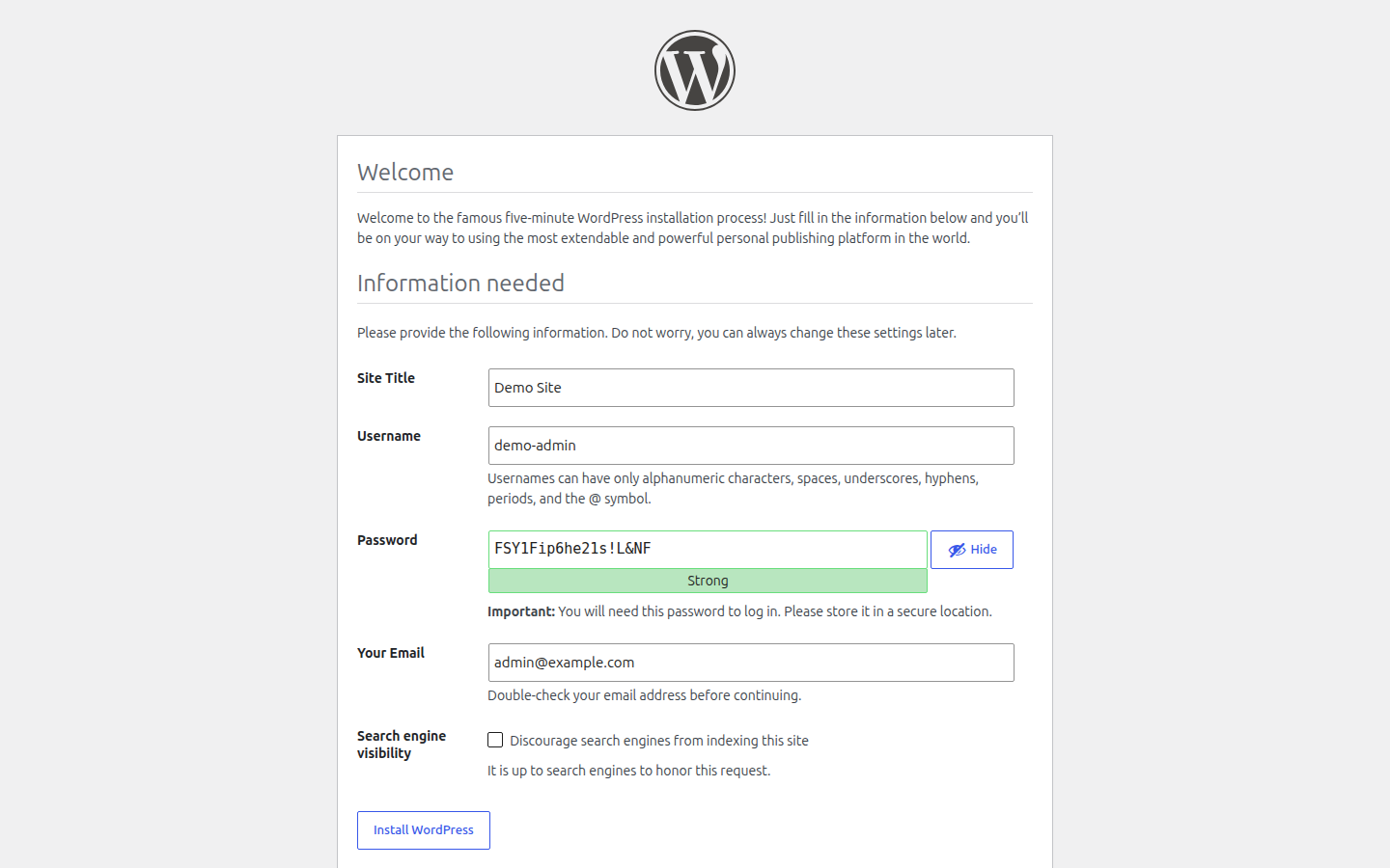 The WordPress installation welcome screen with fields for site title, username, password, email address and search engine visibility